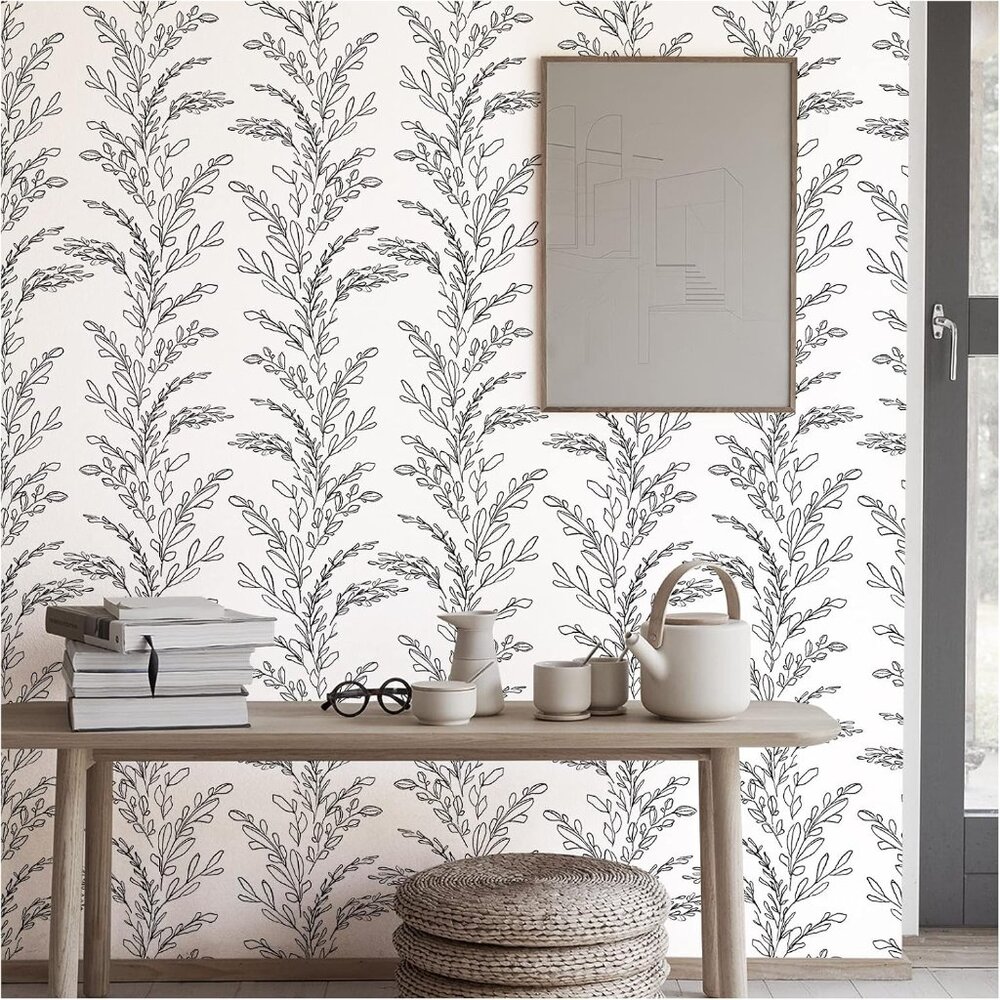HaokHome Sketched Floral Wallpaper | Peel & Stick Black/White Vinyl 17.7" × 9.8"